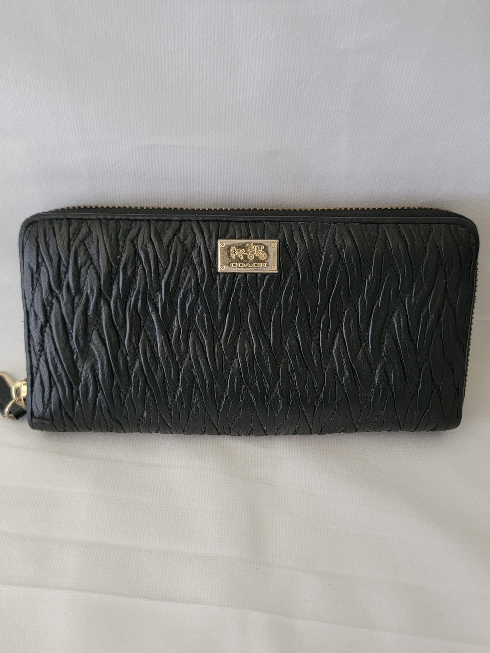 Coach Black Textured Zip Wallet with Gold Logo Plate